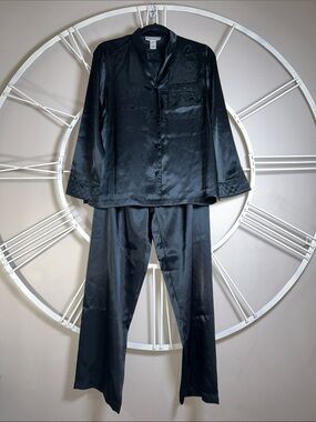 Morgan Taylor Black Satin Pajama Set - Button-Up Top & Relaxed Pants